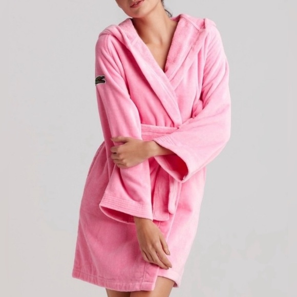 Lacoste Other - Lacoste FairPlay Cotton Terry Hooded Robe Pink Patch Logo Pockets Bathrobe Cozy